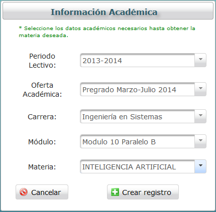 Formulario de selección de información académica
