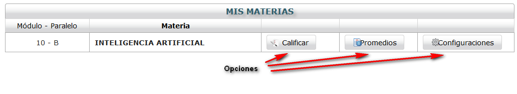 Opciones para cada materia