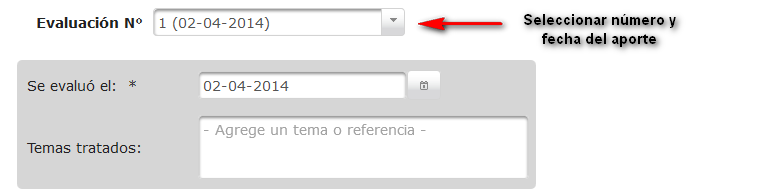 Selector de número y fecha de aporte